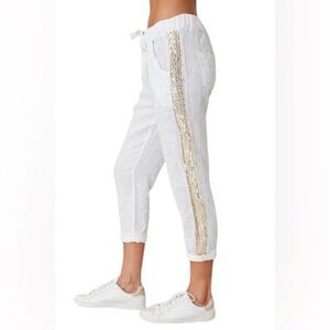 Women’s White Linen Track Pants with Gold Side Stripe